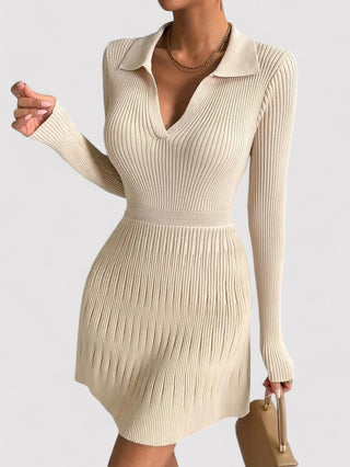 Long-Sleeved A-Line Ribbed Dress with Collar