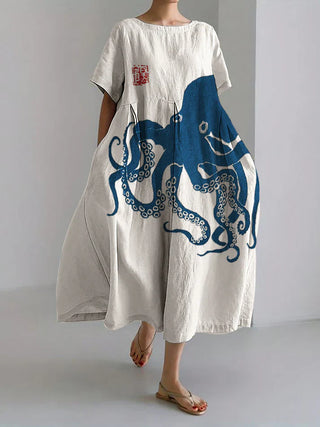 Women's Long Linen Dress with Japanese Pattern