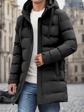 Men's Long Hooded Puffer Jacket with Padded Insulation