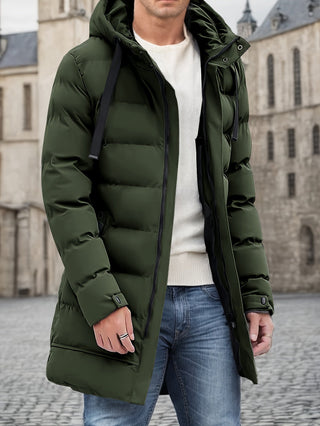 Men's Long Hooded Puffer Jacket with Padded Insulation