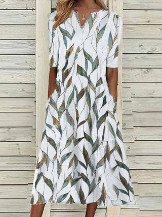 V-necked Leaf Print Midi Dress